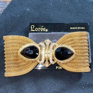 Loree Brooch Mesh Bow Stones Vintage Gold tone USA NEW